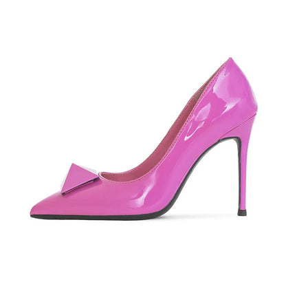 Women's pink pointed toe stiletto high heels with buckle closure and patent leather upper