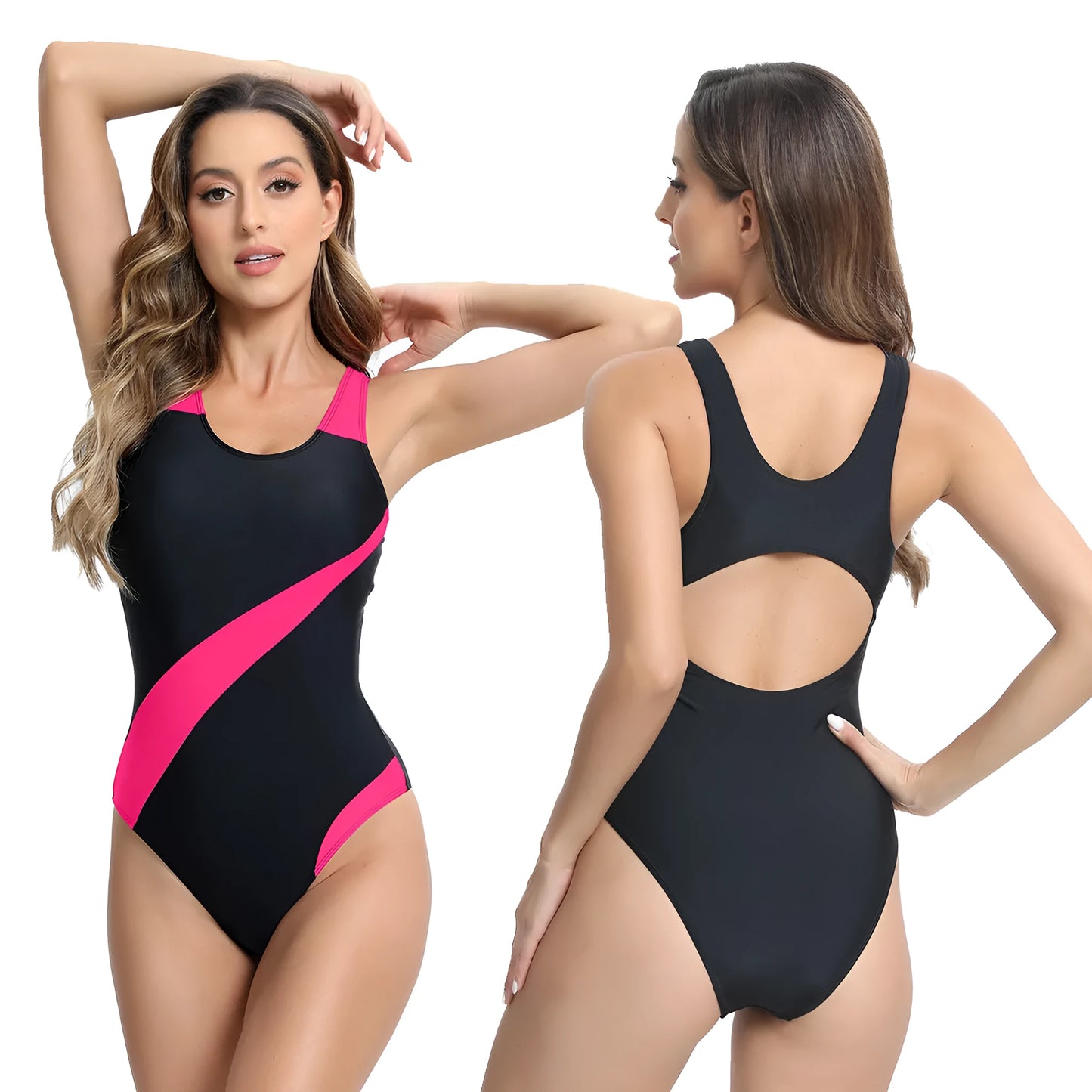 Women's sleeveless one-piece briefs swimsuit in polyester for swimming, shown in rose red.