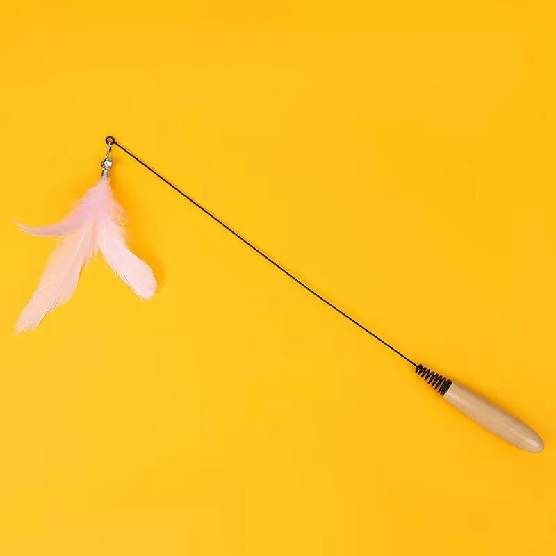 Wooden handle cat teasing stick with spring and replaceable feather bell head toy