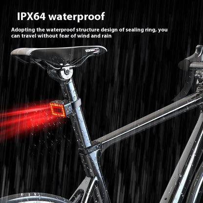 Smart millimeter wave bicycle taillight with double bracket mount showing dimensions and Type-C charging port