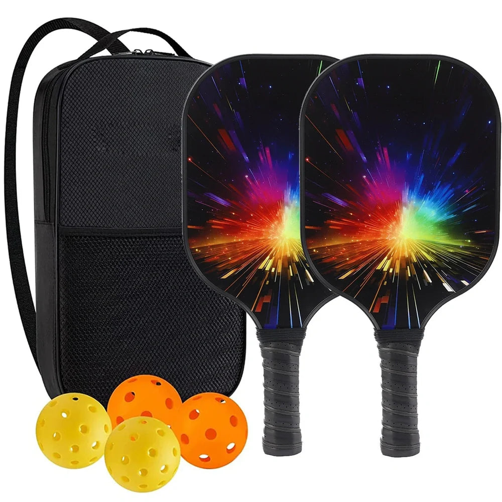 Peak Racket fibreglass squash set showing two rackets and four balls for complete playing equipment