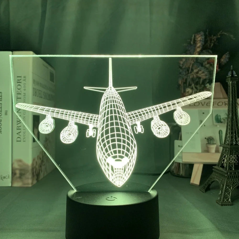 Custom 3D airplane hologram night light with optical acrylic panel and ABS base showing colour-changing illumination