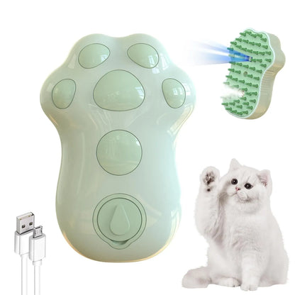 Self-cleaning cat steam brush with silicone bristles, blue light, and rechargeable spray for pet grooming