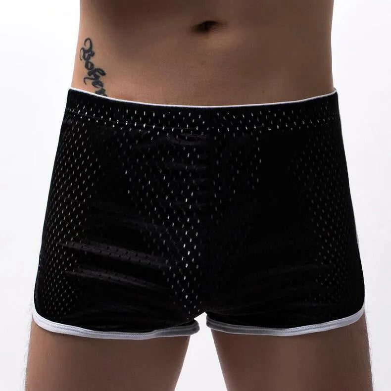 Men's breathable cotton boxers with nylon knitting in black, grey, dark blue, light blue, and white colours, mid-waist fit