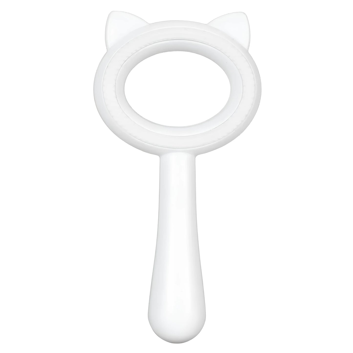 Blue and white dual-sided pet grooming brush with an ergonomic handle for cats and dogs.