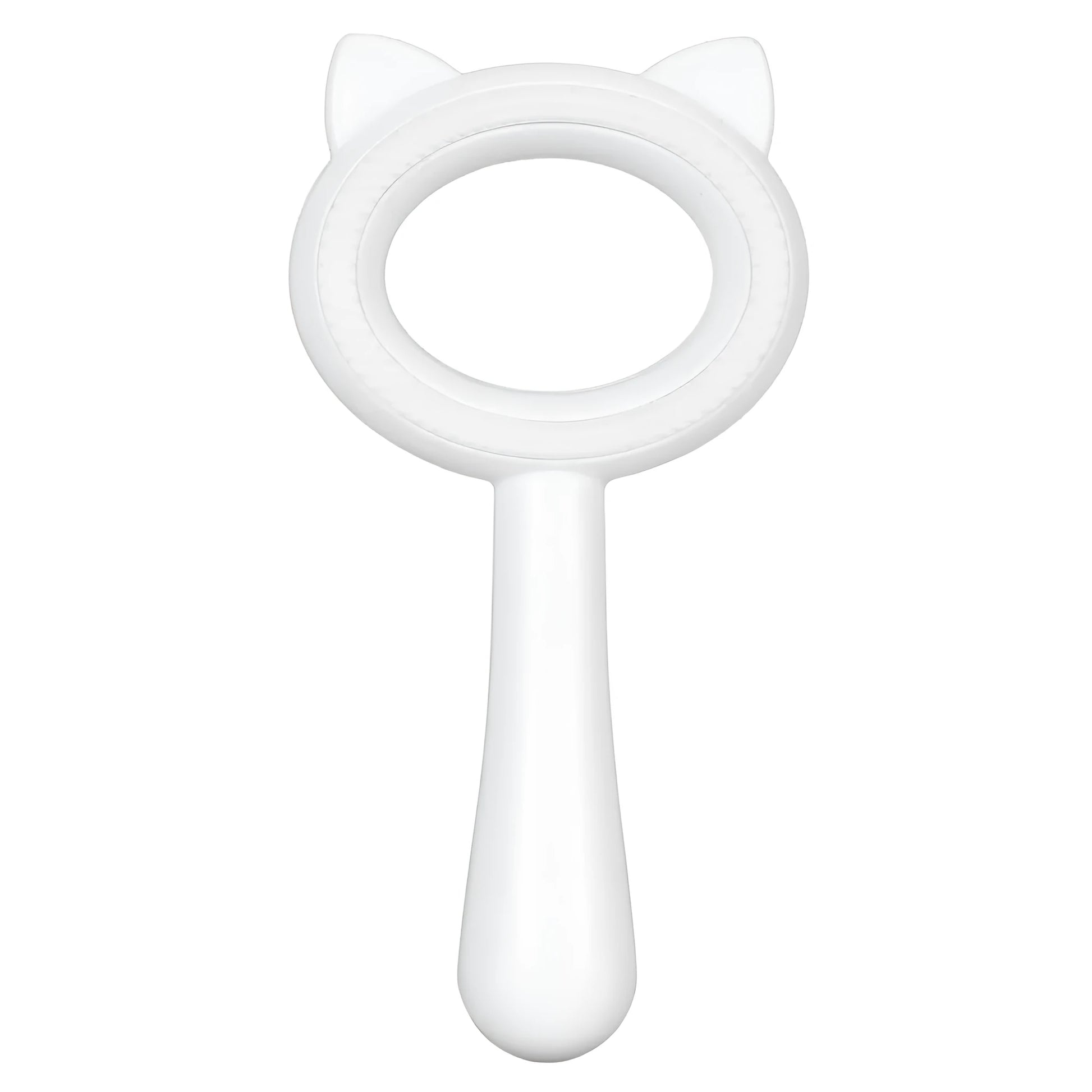 Blue and white dual-sided pet grooming brush with an ergonomic handle for cats and dogs.