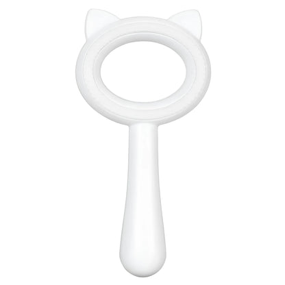 Blue and white dual-sided pet grooming brush with an ergonomic handle for cats and dogs.