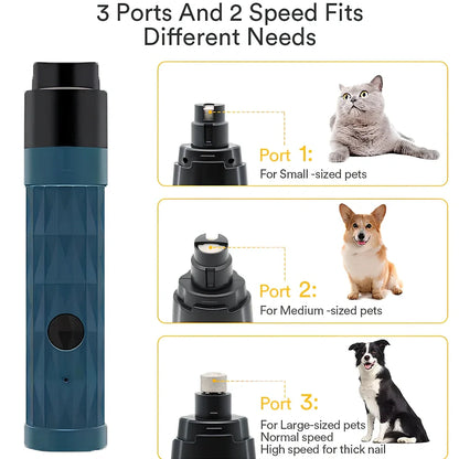 Blue electric pet nail polisher with LED light showing ergonomic grip and grinding head