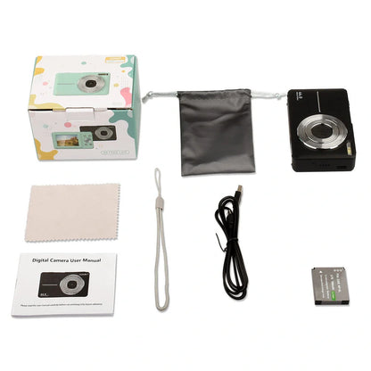 Children's mini digital camera in black, pink, and green with HD video and photo capabilities