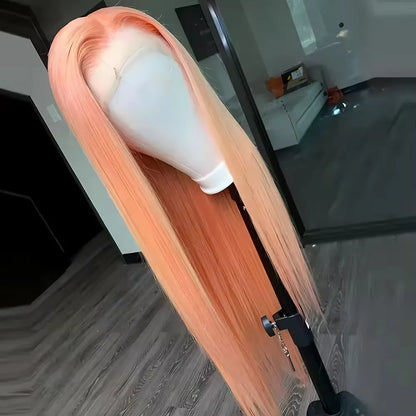 Light orange long straight synthetic lace front wig with a side fringe, shown on a mannequin head.