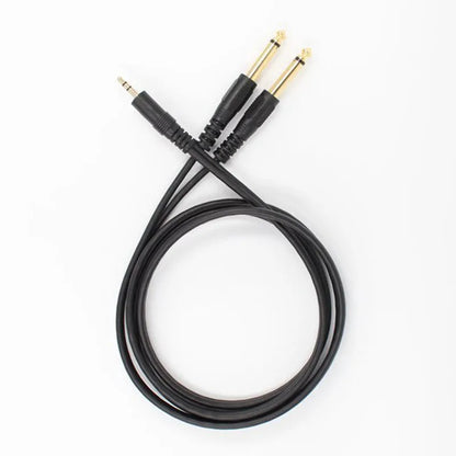 A 3.5mm stereo jack to two 6.5mm mono jack audio cable on a grey background.
