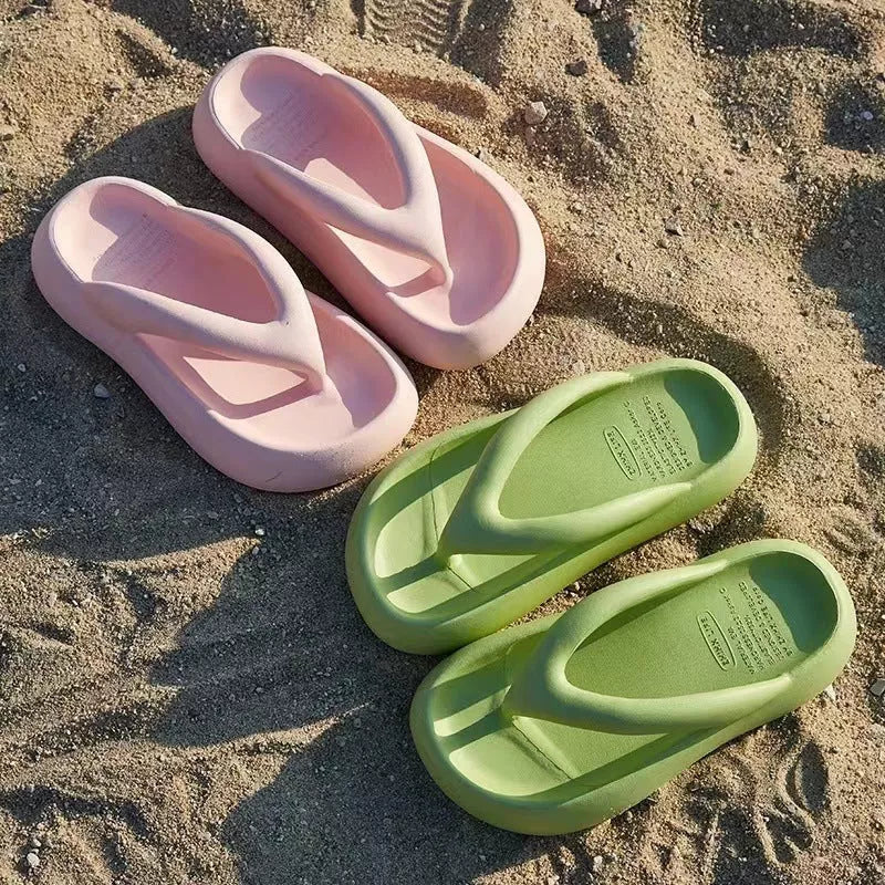 Solid color thick-soled flip-flops with bow detail for summer wear