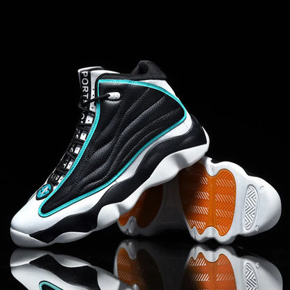 Men's high-top basketball shoes in AJ13 style colours with mesh upper and thick rubber sole.