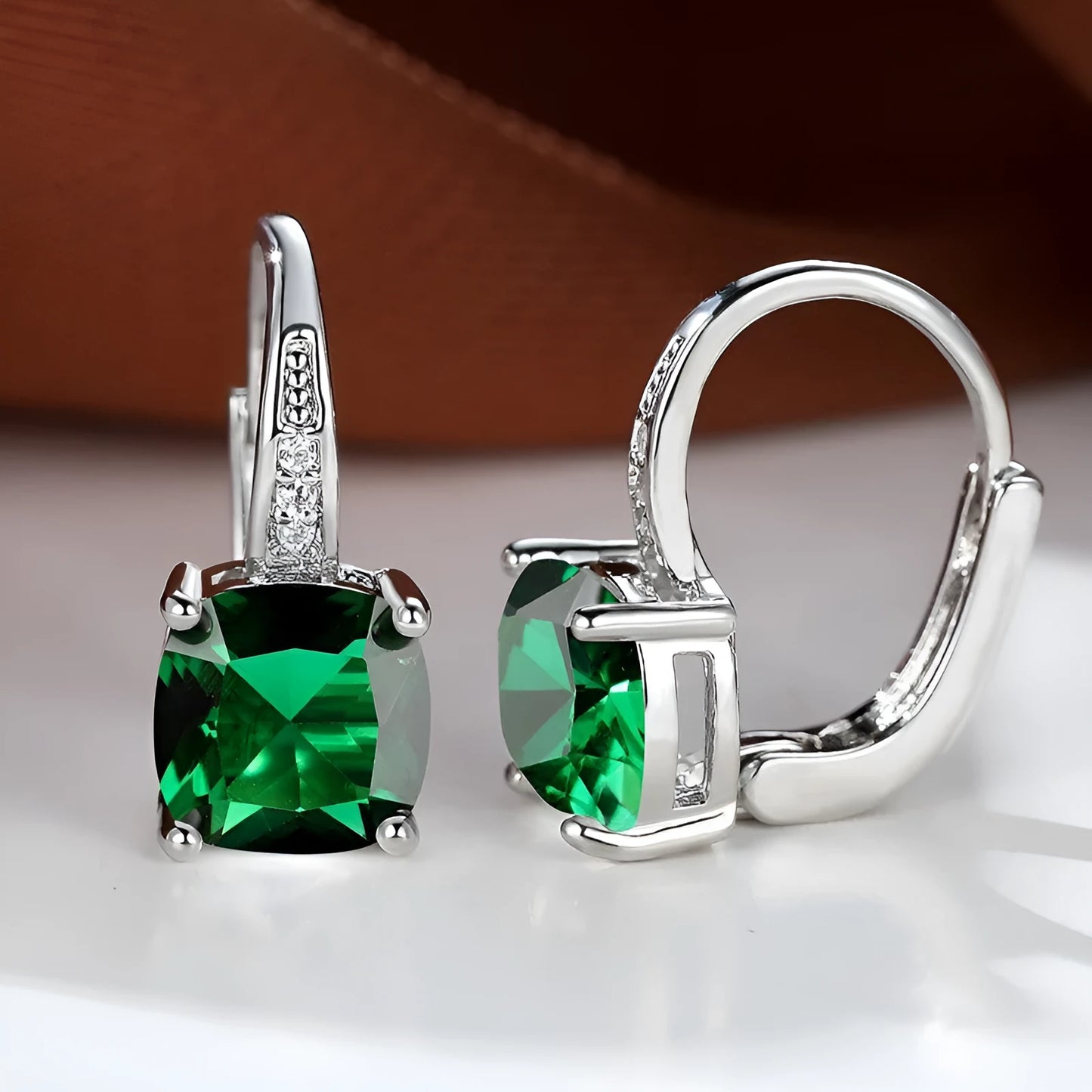 Square zircon inlaid ear hook earrings with geometric design and electroplated finish in golden tone
