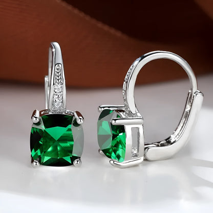 Square zircon inlaid ear hook earrings with geometric design and electroplated finish in golden tone