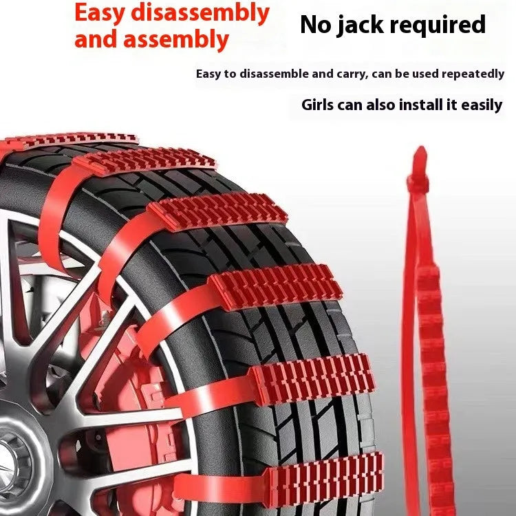 Emergency plastic double-tooth nonskid chain ribbon for universal car tyre grip, shown flat