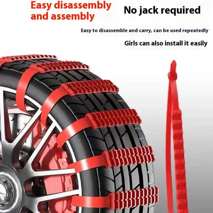 Emergency plastic double-tooth nonskid chain ribbon for universal car tyre grip, shown flat