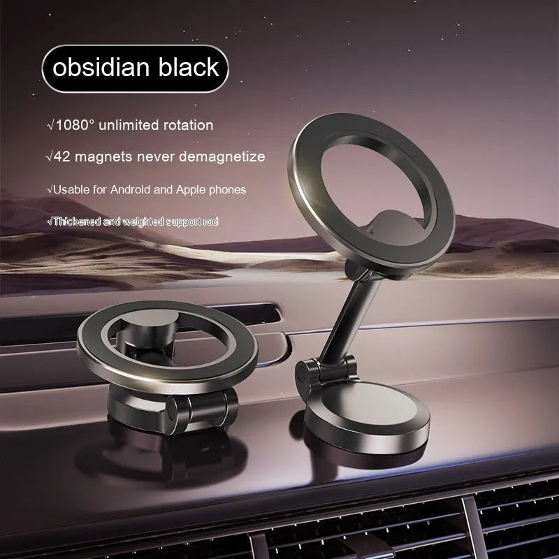 All-metal foldable magnetic car phone mount showing 360-degree rotation and dashboard mounting