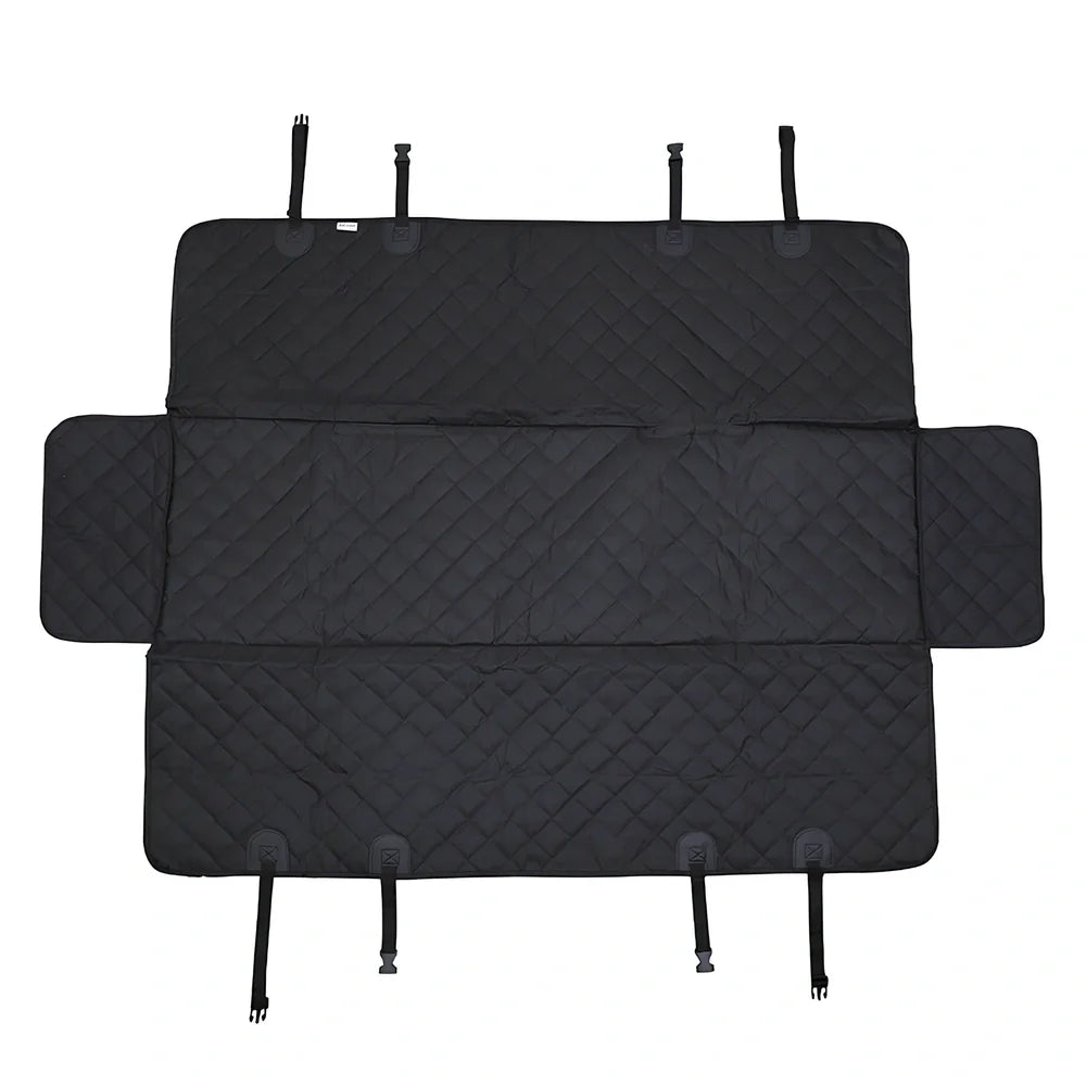 Waterproof dog car seat cover showing 137×147cm dimensions and safety exit design with car seatbelt buckle