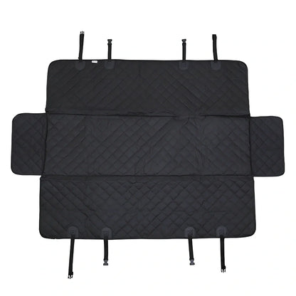 Waterproof dog car seat cover showing 137×147cm dimensions and safety exit design with car seatbelt buckle