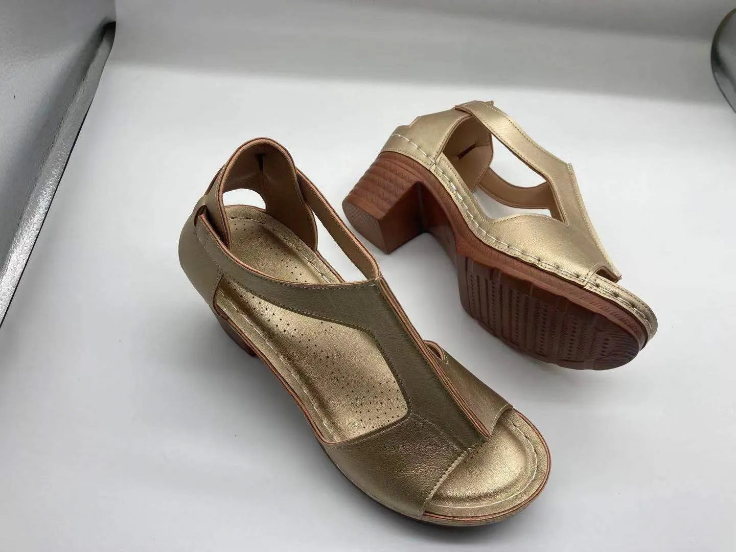 Plus size women's peep toe wedge sandals with adjustable buckle strap in light brown colour