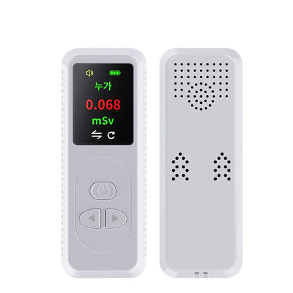 Portable radiation detector with color display, alarm function, and rechargeable battery for monitoring X, gamma, and beta radiation levels