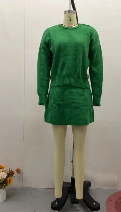 Stylish two-piece knit sweater and mini skirt set for women in a variety of classic colors