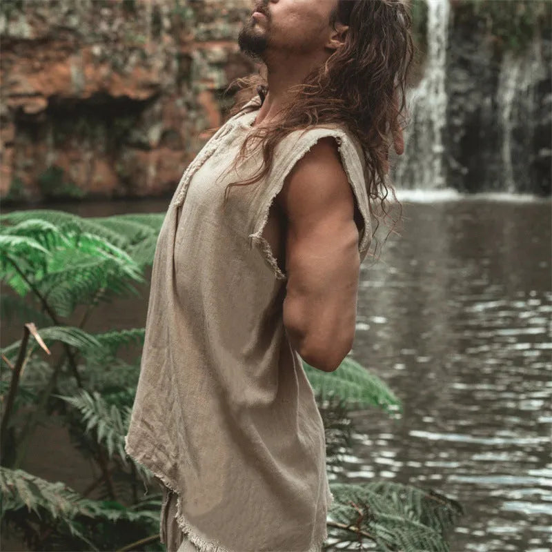Men's loose linen vest in solid colour with round hem and sleeveless casual design, sizes S to XXXL