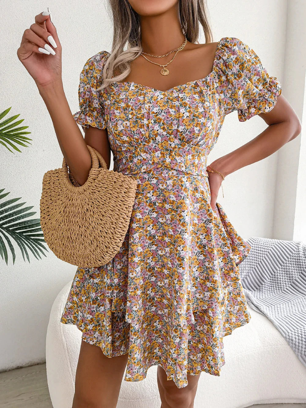 Elegant floral mini dress with A-line silhouette and short sleeves in a variety of vibrant colors
