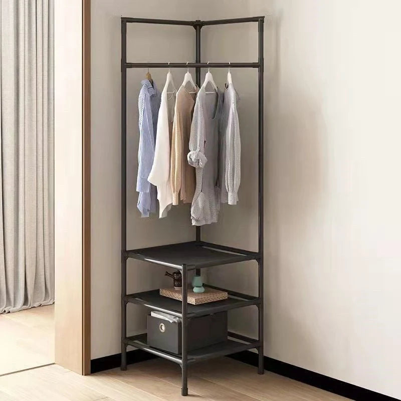 Stainless steel corner coat rack with multi-layer assembly and 10 hooks in black or white
