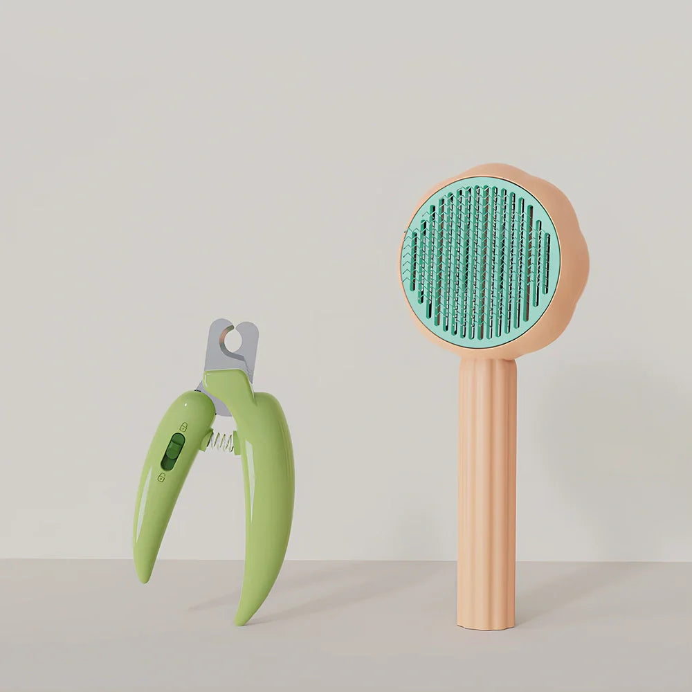 Sunflower design pet comb with stainless steel needles and one-click hair removal button