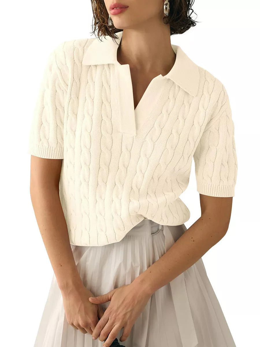 Women's V-Neck Short-Sleeve Knitted Sweater in various solid colors