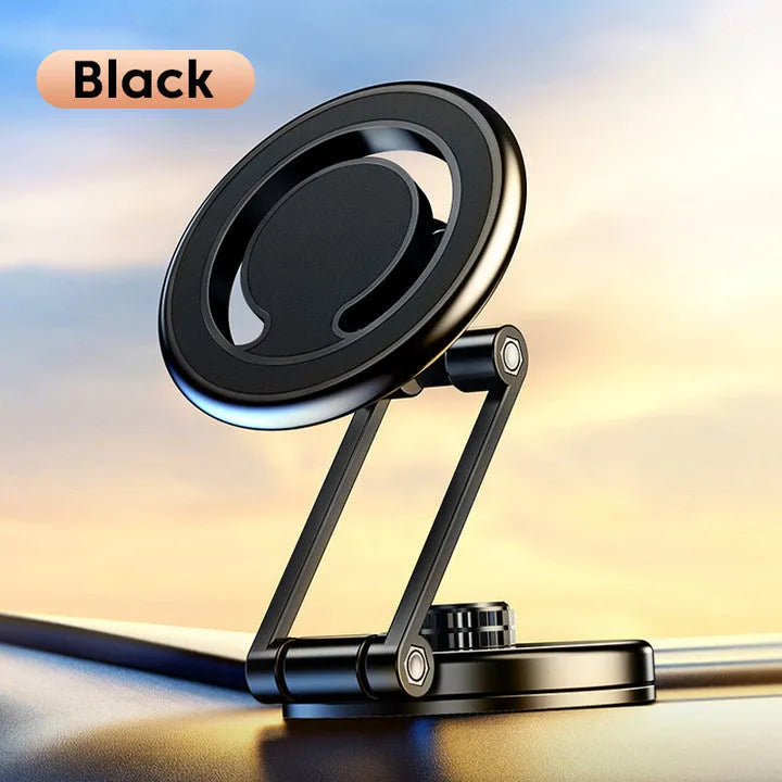 Black telescopic car phone holder extended on a car dashboard, holding a mobile phone for navigation.