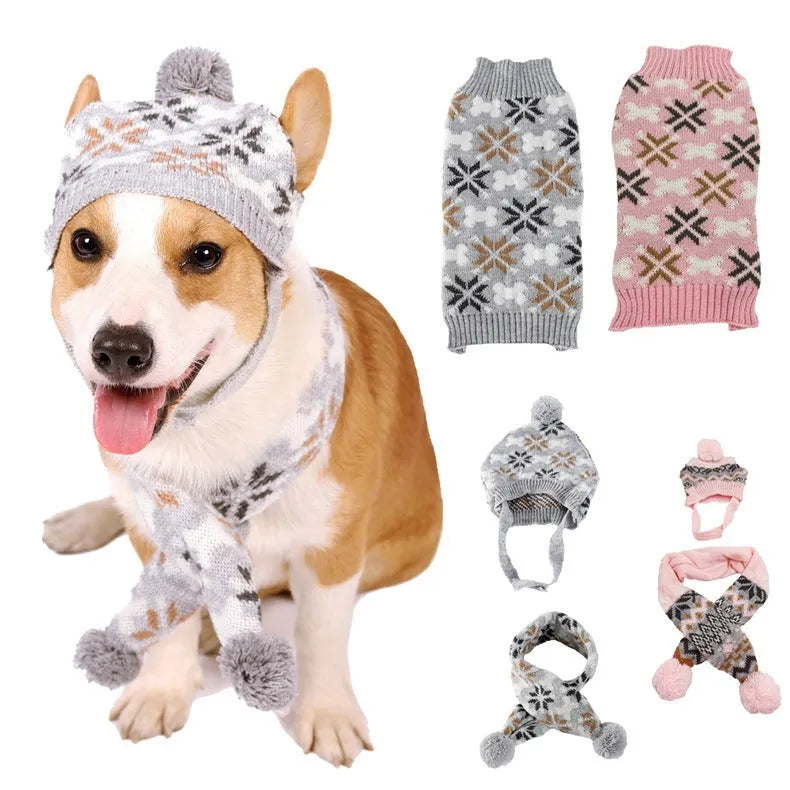 Grey Japanese-style retro jacquard pet sweater, hat and scarf set on a small dog model.