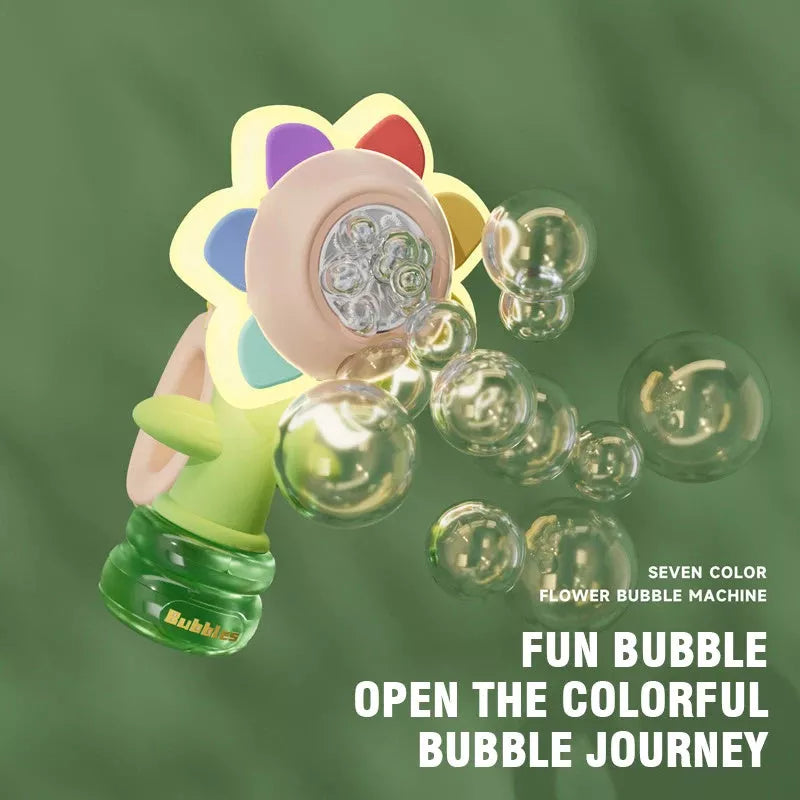 Dancing Sunflower Bubble Machine with light creating colorful bubbles outdoors