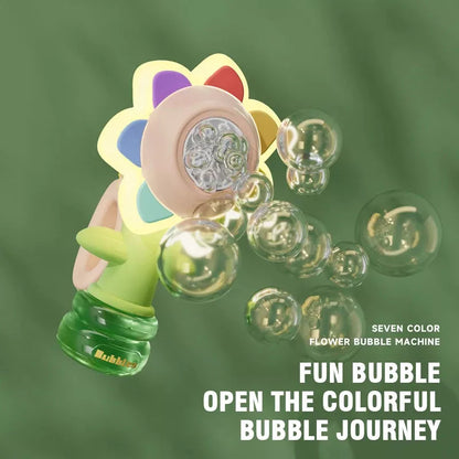 Dancing Sunflower Bubble Machine with light creating colorful bubbles outdoors