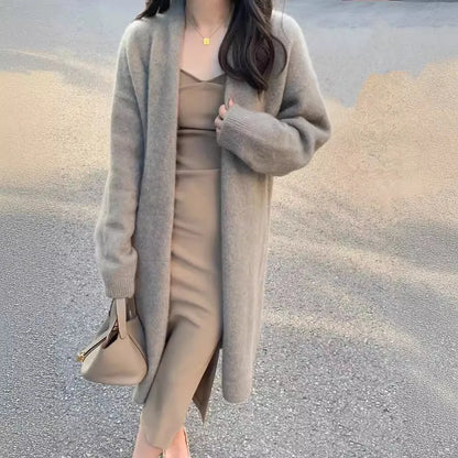 Women's knitted cardigan with V-neck, 65cm length, and loose fit in khaki colour