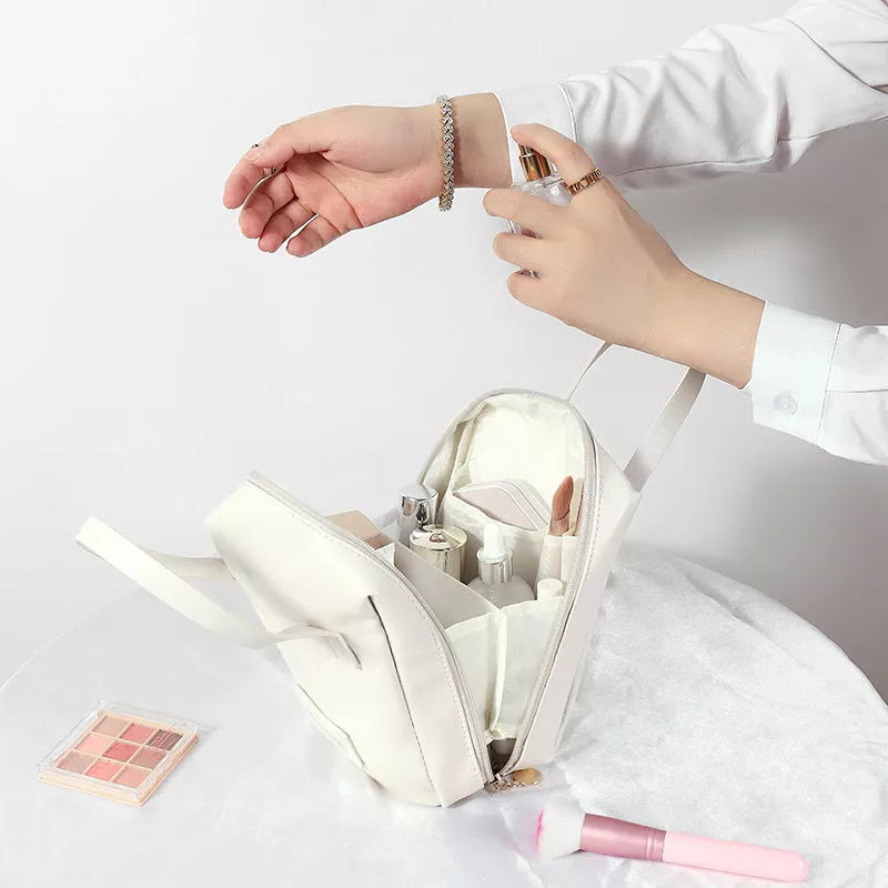 Girly Heart Egg Shell Waterproof Makeup Bag in pink and white with sewing line design