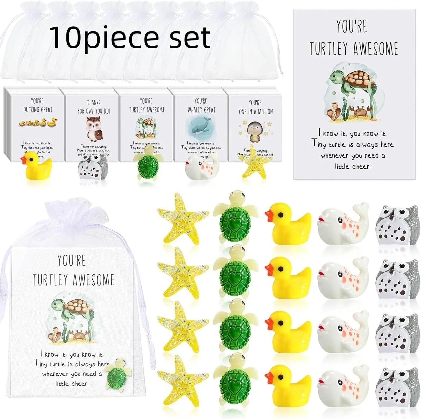 Set of resin pun inspirational memo cards laid out, showing different quantities available.