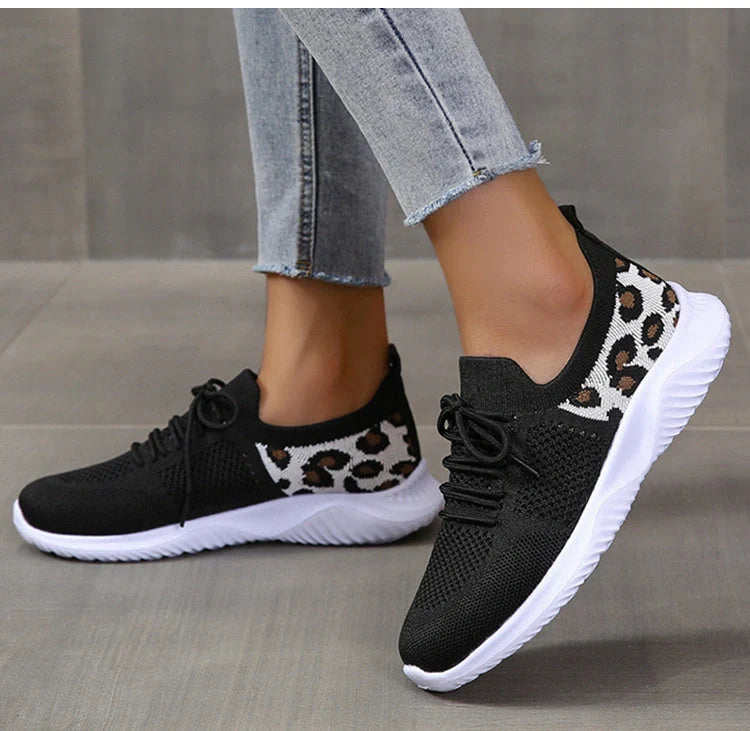 Women's leopard print lace-up sneakers with medium heel and breathable net cloth upper