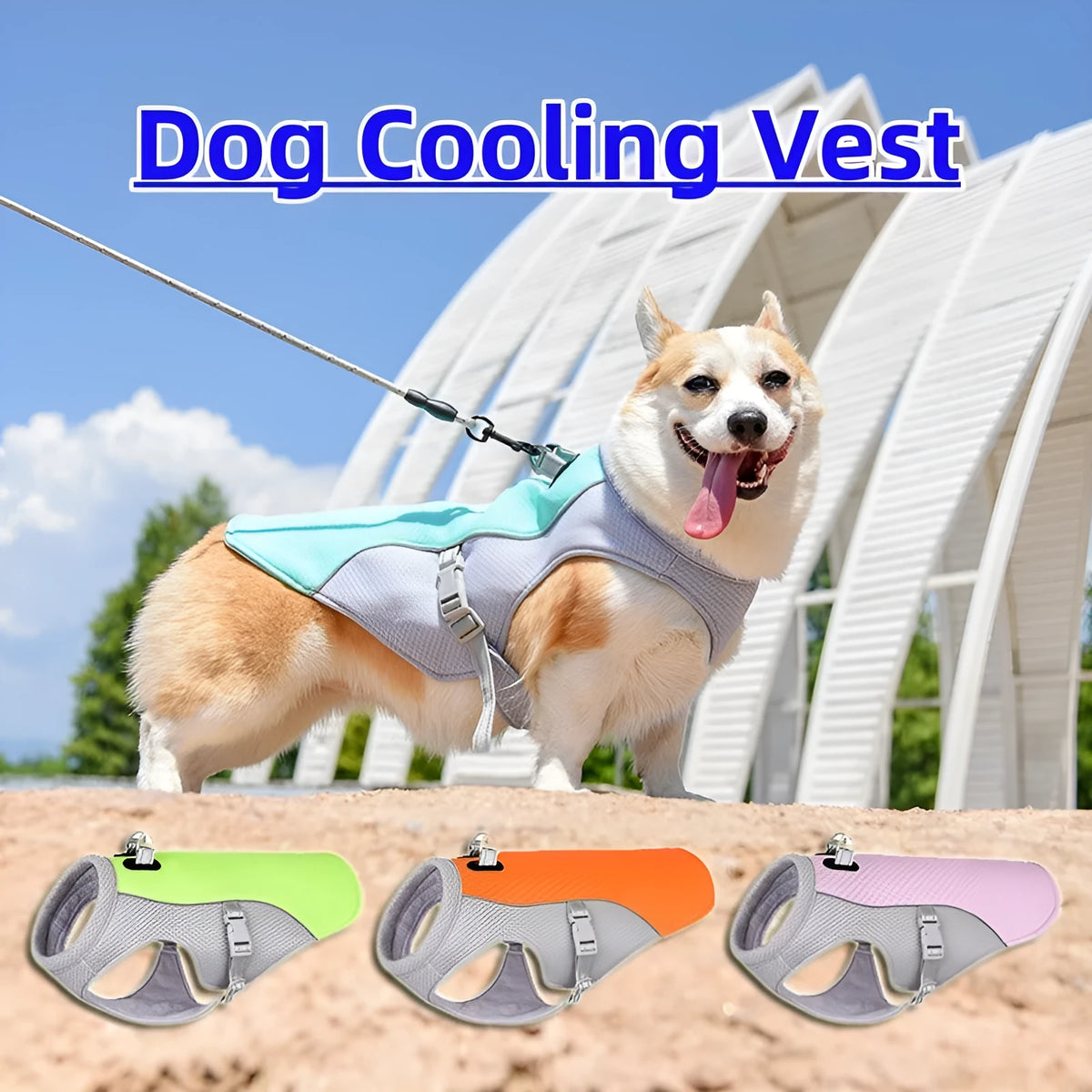 Orange polyester dog cooling vest showing layered construction and adjustable fit on a medium-sized dog.