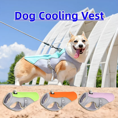 Orange polyester dog cooling vest showing layered construction and adjustable fit on a medium-sized dog.