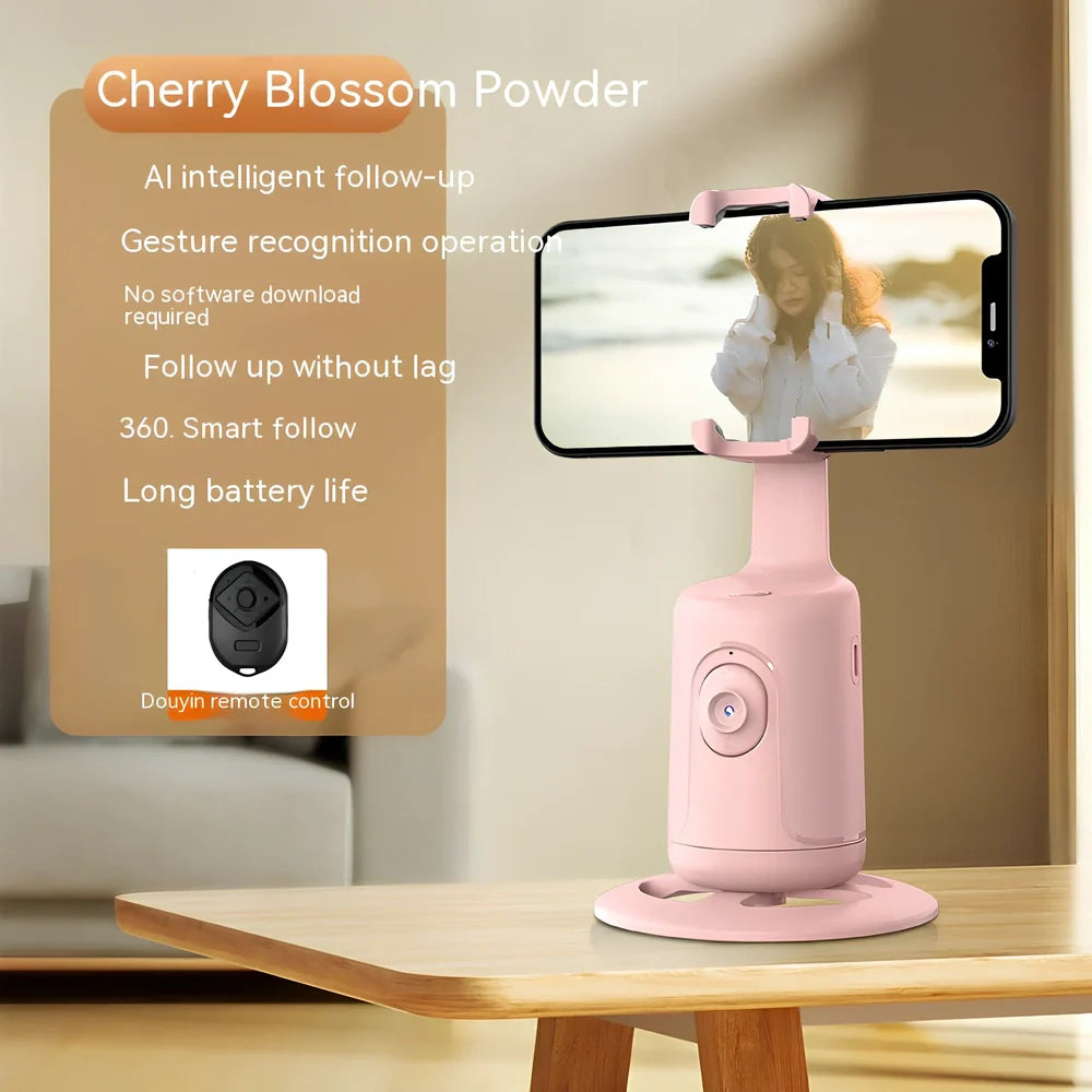 Automatic tracking stabilizer in black with 360 degree rotation on desk, USB connected, 175.2 x 54.8 x 57mm size