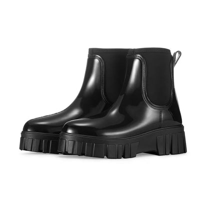 PVC low tube rain boots in apricot colour with non-slip sole and flat heel design