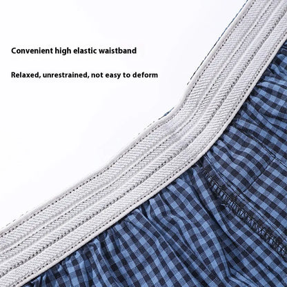 Men's cotton loose boxer shorts plus size mid waist breathable in blue, black and white plaid, red plaid