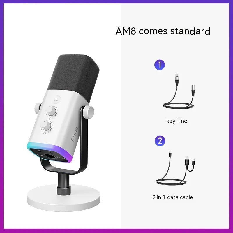 Dynamic noise reduction microphone in AM8 Black with BM63 white bracket, showing XLR cable and base