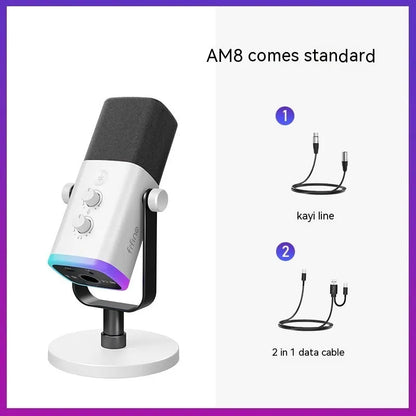 Dynamic noise reduction microphone in AM8 Black with BM63 white bracket, showing XLR cable and base