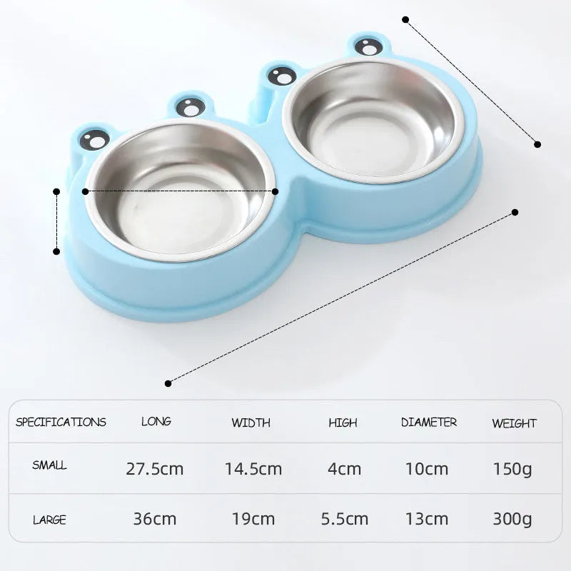 Stainless steel double pet bowl set with frog dish in blue, green, or pink.