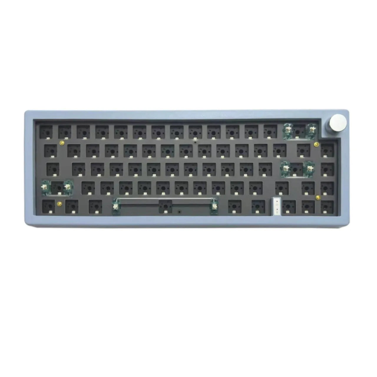 Customisable DIY mechanical keyboard kit with RGB backlighting and control knob, shown in multiple colour options