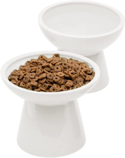 Elevated wide shallow ceramic cat food and water bowl in blue, green, pink, or white colour options.